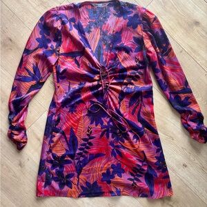 ZARA Navy and Purple Floral Mini Dress Ruched Boho Y2K Festival Summer Vacation